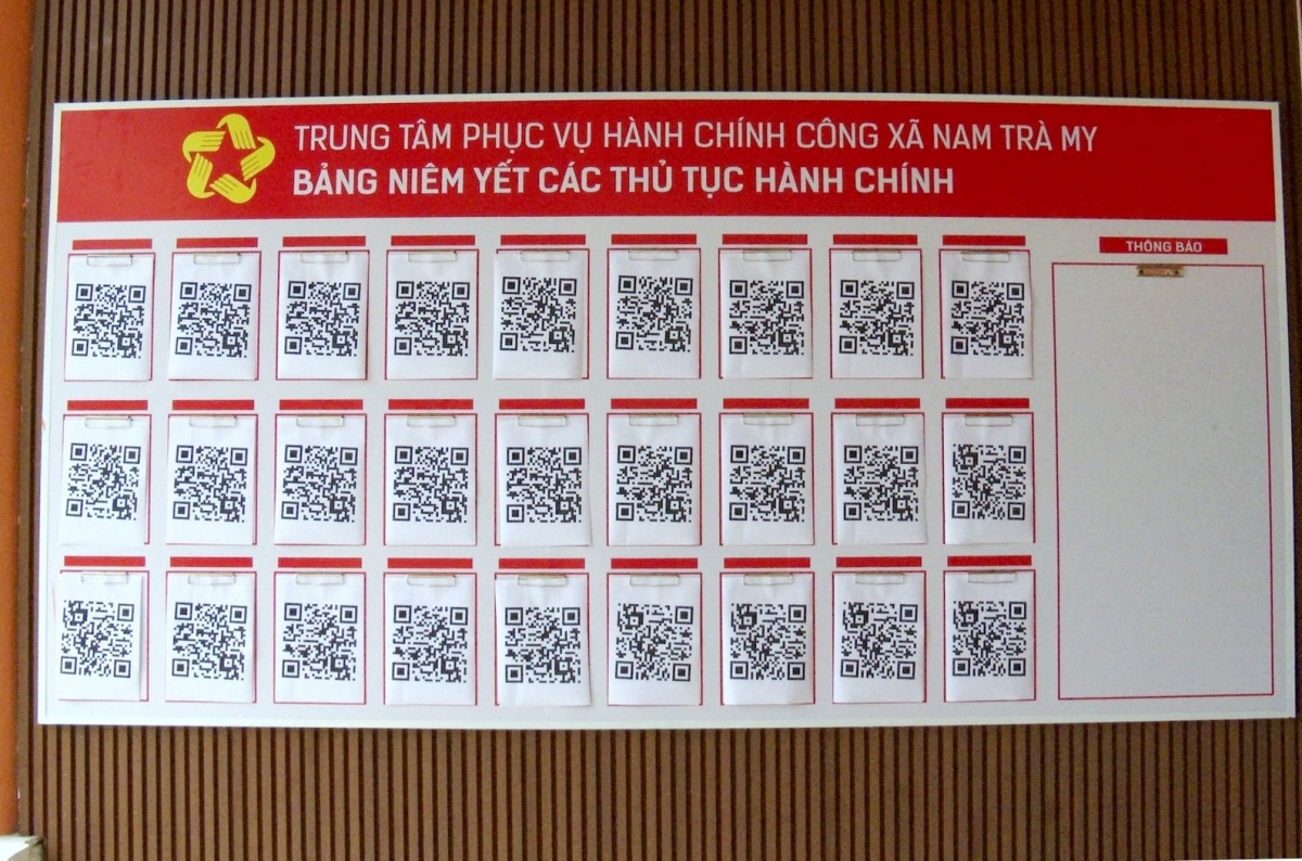Xã Nam Trà My niêm yết thủ tục hành chính bằng mã QR. Ảnh: TRUNG LÊ