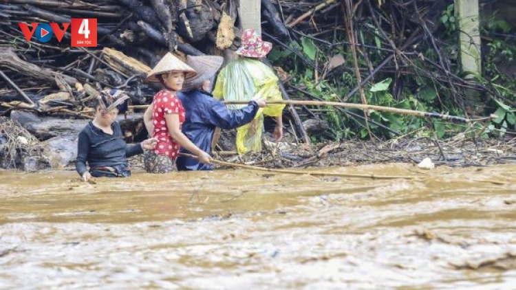 Mặc nước lũ cuồn cuộn, người dân Điện Biên đua nhau ra suối vớt củi, bắt cá 