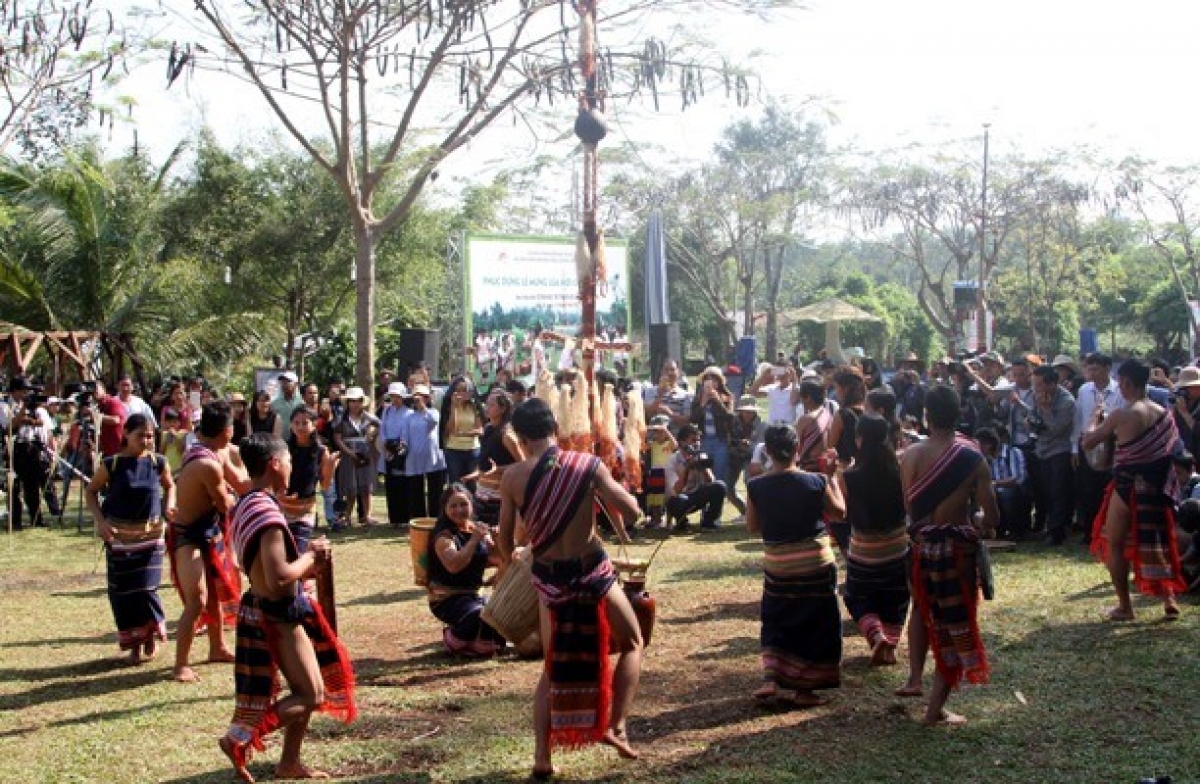Dân làng phấn khởi nổi chiêng, trống vui hội mừng nước về làng - Ảnh: TTXVN
