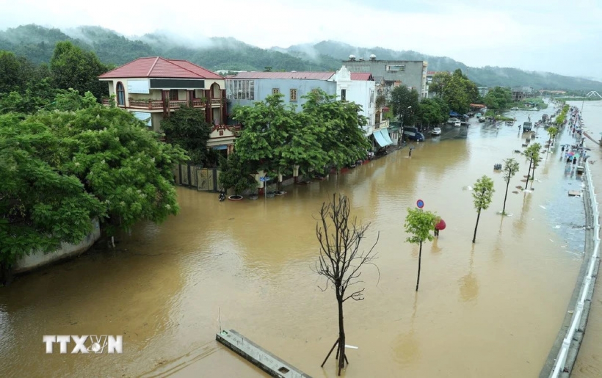 Đường Phạm Văn Xảo, phường Lào Cai, thành phố Lào Cai 
ngập trong biển nước lúc 11g30 ngày 9/9.
Ảnh: Quốc Khánh/TTXVN