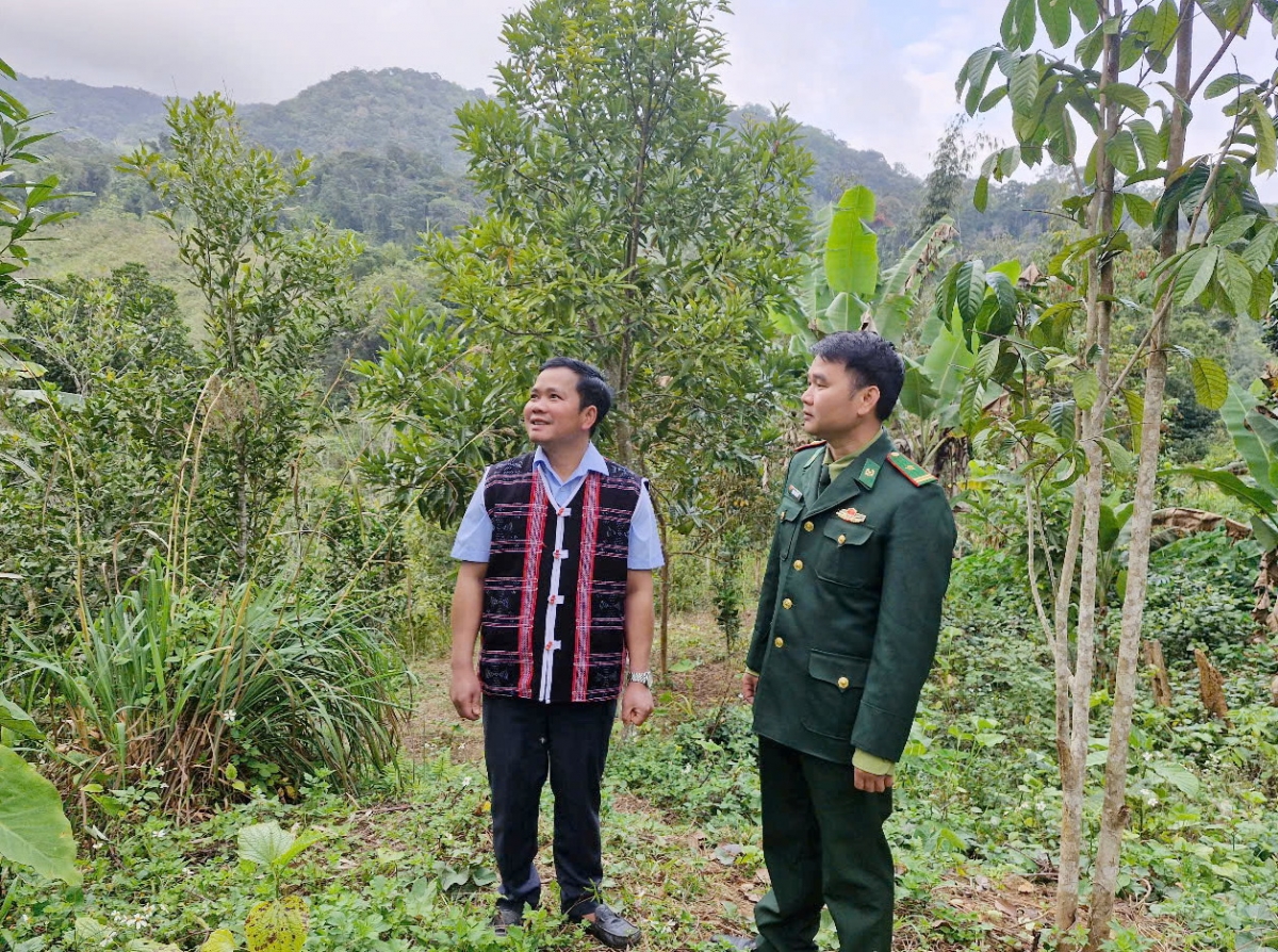 Ông Bhlinh Mưr ở xã Tr’hy được cán bộ, chiến sỹ Đồn Biên phòng Tr’hy hướng dẫn phát triển kinh tế vườn