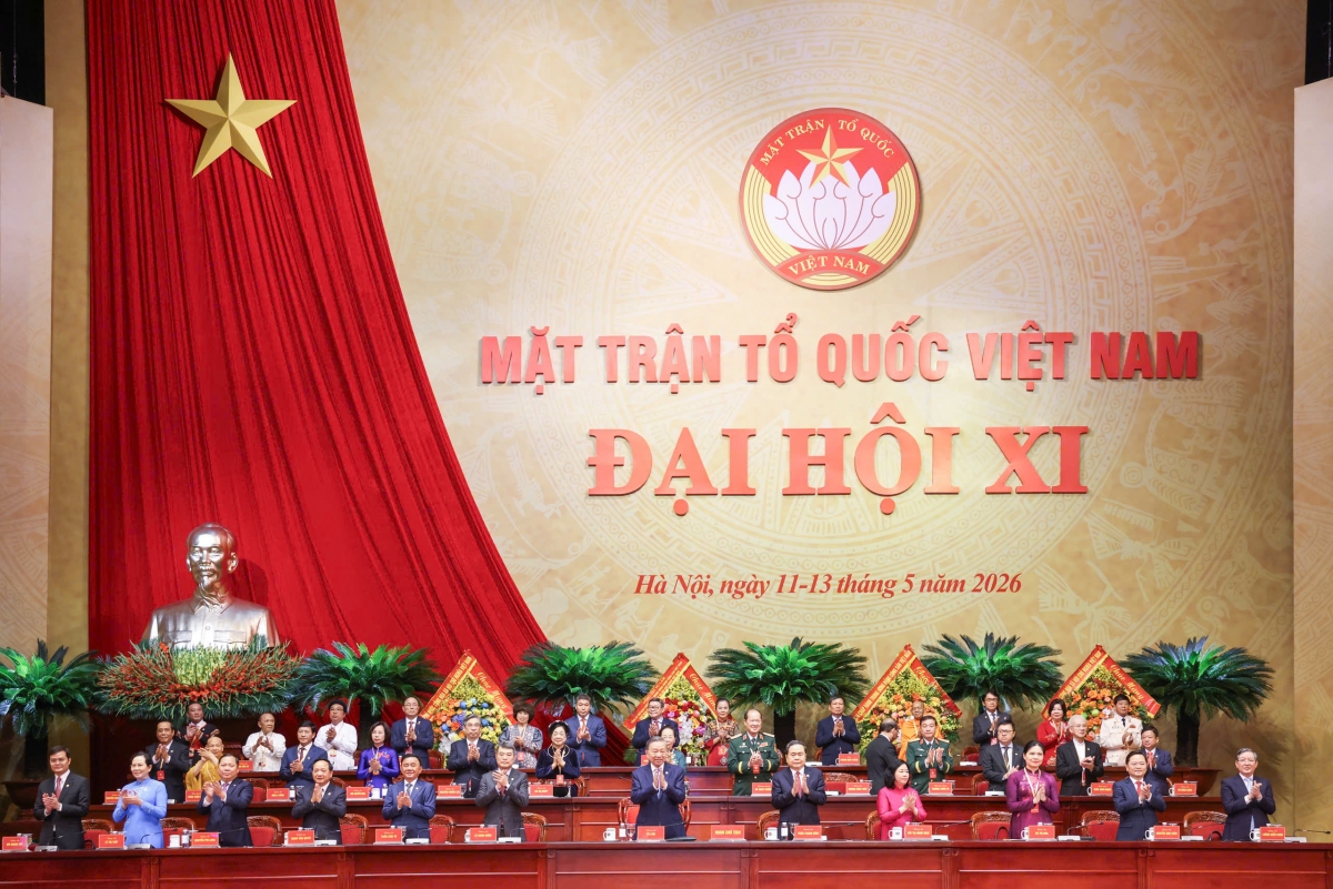 Tổng Bí Thư, Chủ tịch nước Tô Lâm và Đoàn Chủ tịch tại Đại hội đại biểu toàn quốc Mặt trận Tổ quốc Việt Nam lần thứ XI. Ảnh: BTC