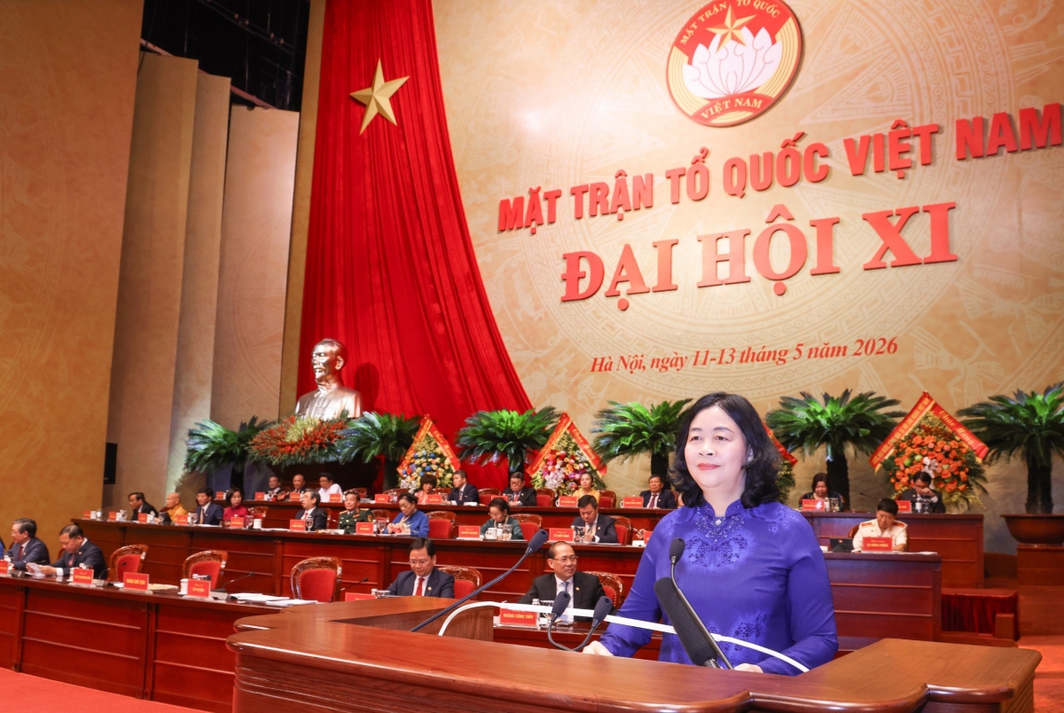 Bà Bùi Thị Minh Hoài - Tân Chủ tịch Ủy ban Trung ương MTTQ Việt Nam phát biểu bế mạc Đại hội XI. Ảnh: BTC